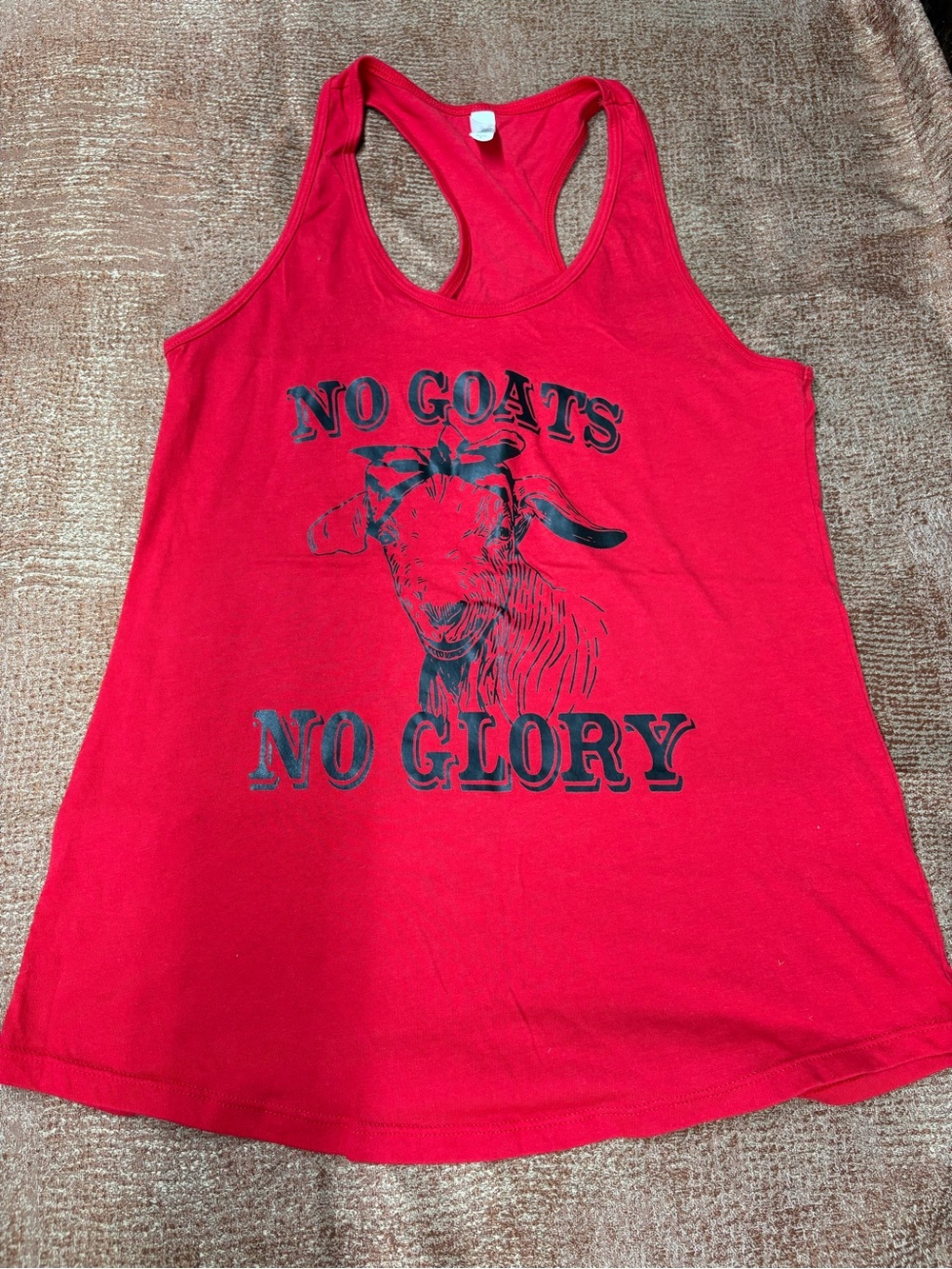 Red Racerback Tank Top with 'No Goats No Glory' Graphic
